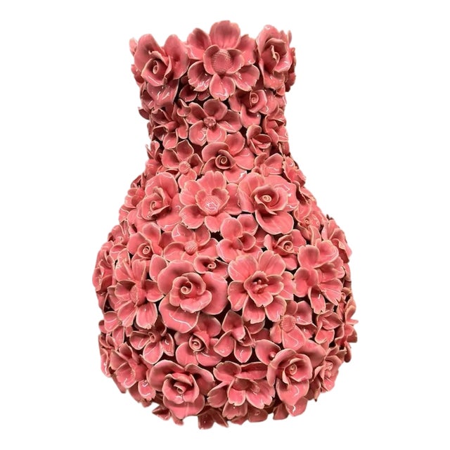 Rare & Elaborate Mid-Century Style Indigo Floral Glazed Ceramic Vase For Sale