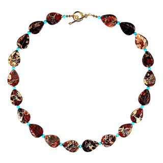 Ajd 20 Inch Picture Jasper Leaf Shape Bead Necklace For Sale