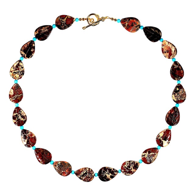 Ajd 20 Inch Picture Jasper Leaf Shape Bead Necklace For Sale