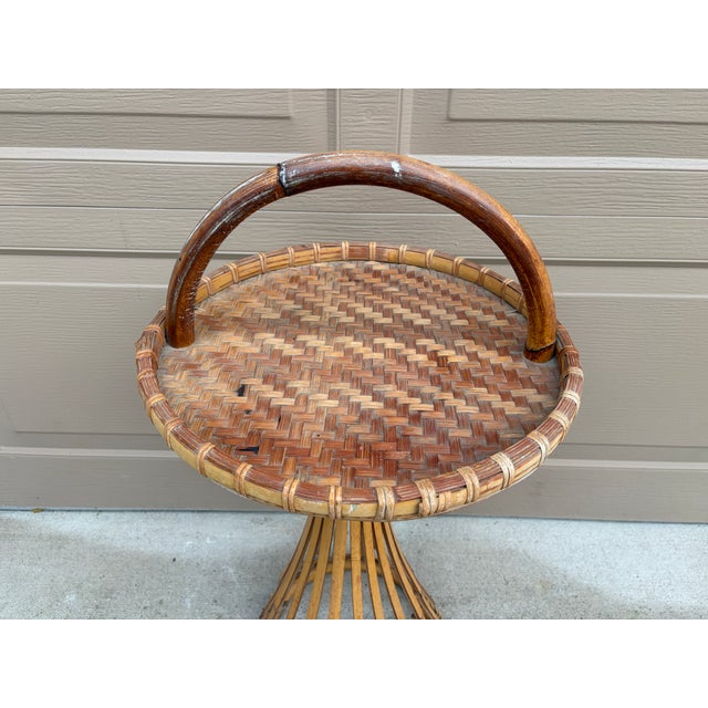 Brown Mid-Century Palm Beach Bamboo & Woven Rattan Drinks Table With Carrying Handle For Sale - Image 8 of 12