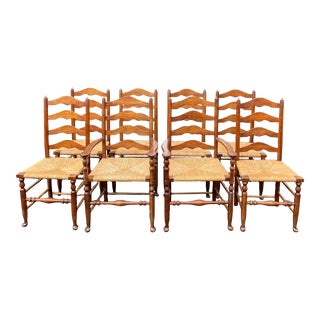 Mid 20th Century Vintage Stickley Ladder Back Rush Dining Chairs - Set of 8 For Sale
