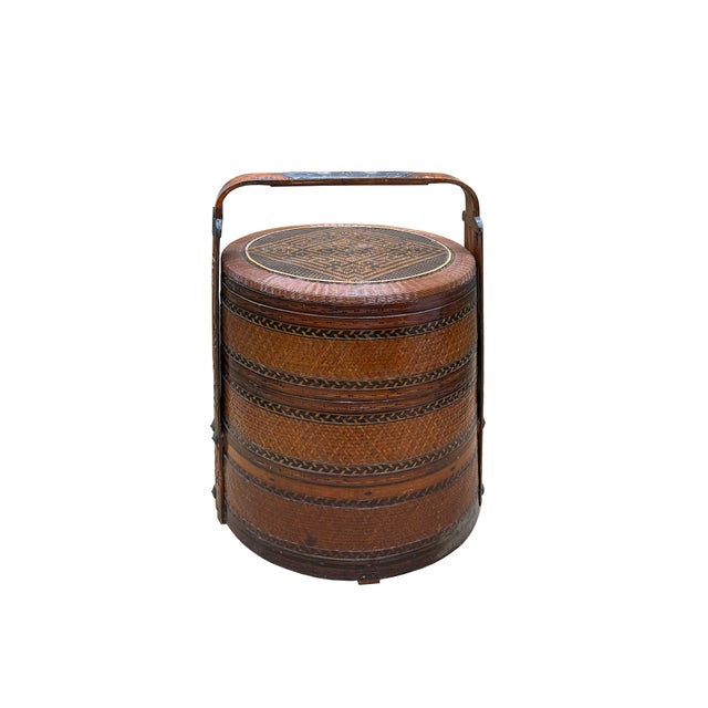 Vintage Oriental Handmade Brown Rattan Stack Basket With Handle For Sale In San Francisco - Image 6 of 11