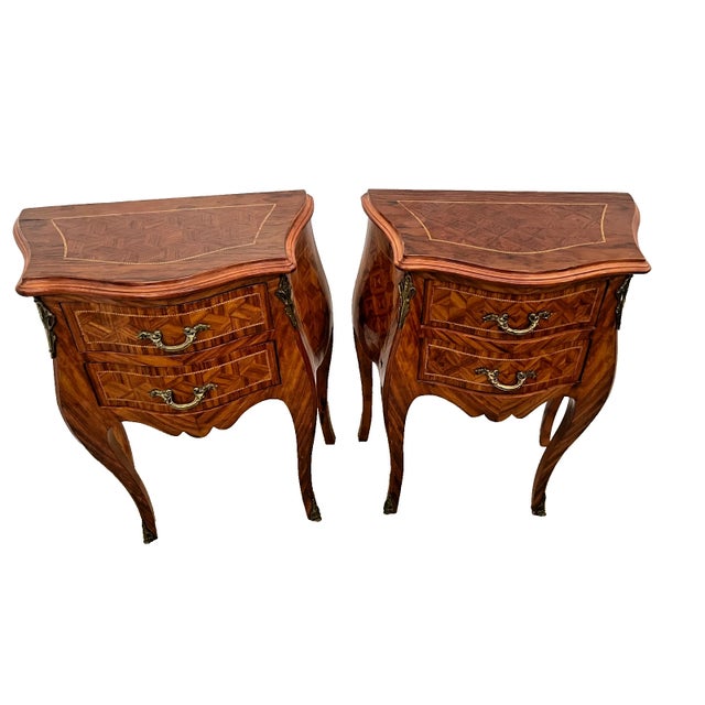 Gorgeous Antique French Nightstands Bedside Tables with Two drawers and Mahogany Inlay top, Brass Ormolu, 29" Tall x 21"...
