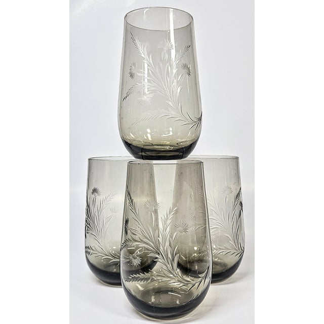 Brown Mid 20th Century Handcarved Dandelion Crystal Stemless Goblets- Set of Four For Sale - Image 8 of 13