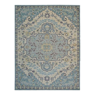 6x9 Blue Hand-Knotted Wool Floral Symmetry Geometric Modern Carpet Rug For Sale