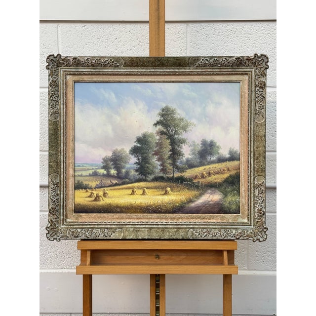 Late 20th Century Vintage Painting of Harvest Time in the English Countryside by British Artist 1990 Circa For Sale - Image 5 of 17