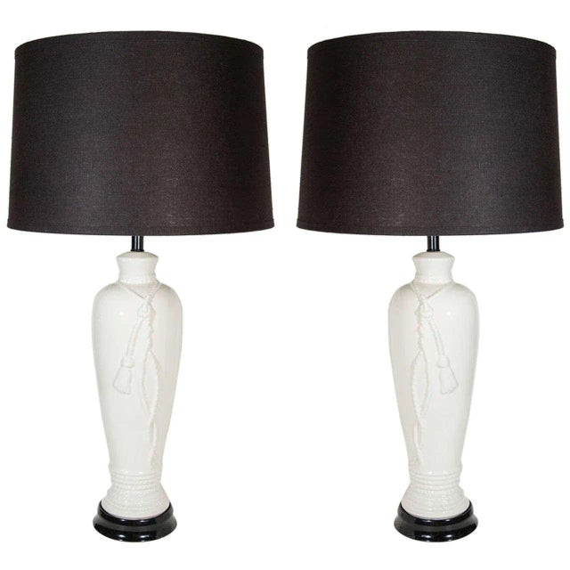 Hollywood Regency Ceramic Lamps With Rope and Tassel Design - a Pair For Sale - Image 10 of 10