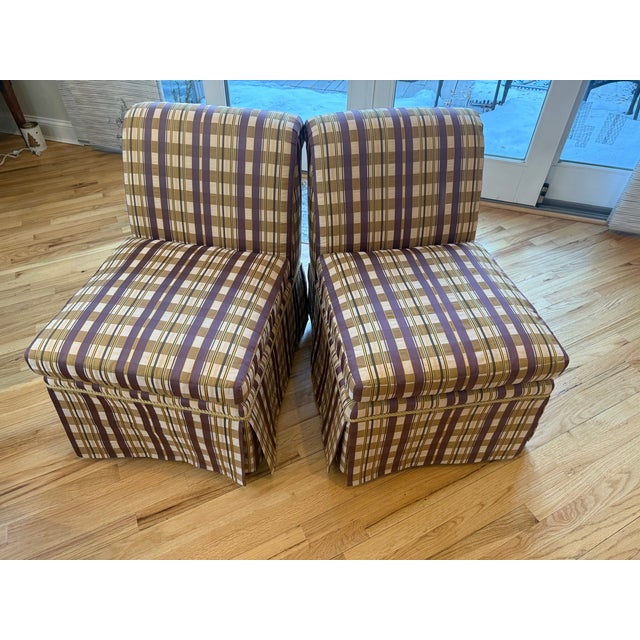 Pair of Baker Furniture Slipper Chairs in Plaid Upholstery For Sale - Image 16 of 16