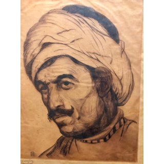 Jacob Eisenberg, Bezalel School Jerusalem, Middle Eastern Arab Man in Turban Circa 1920s Etching, c.1930 For Sale