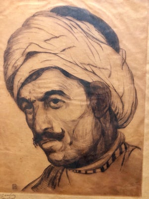Jacob Eisenberg, Bezalel School Jerusalem, Middle Eastern Arab Man in Turban Circa 1920s Etching, c.1930