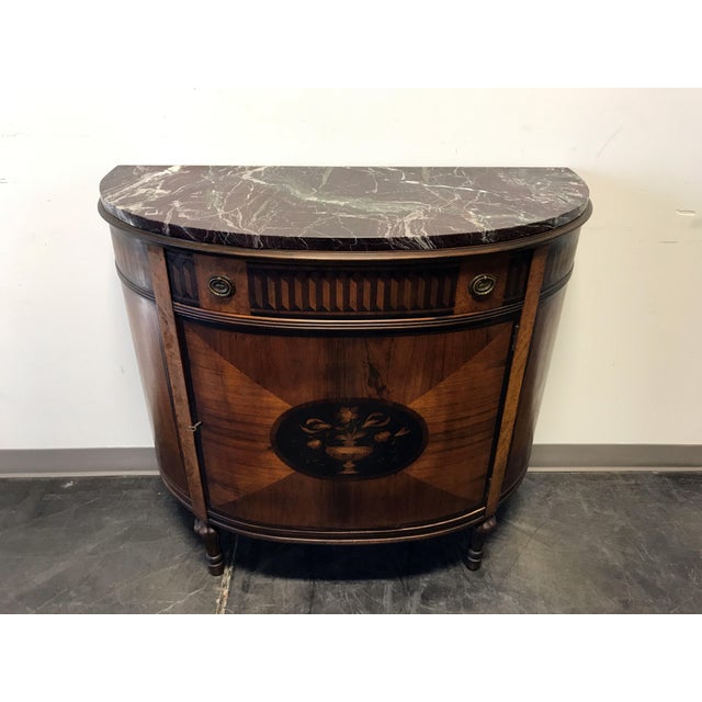 Inlaid Marquetry Marble Top Demilune Console Chest by Johnson