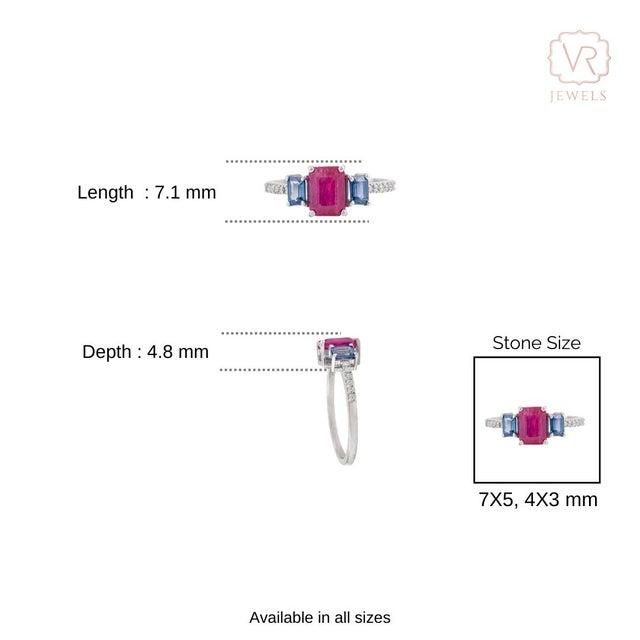 Art Deco Inspired Emerald Cut Ruby Sapphire & Diamond Ring Size 5 in 18k Gold For Sale - Image 9 of 15