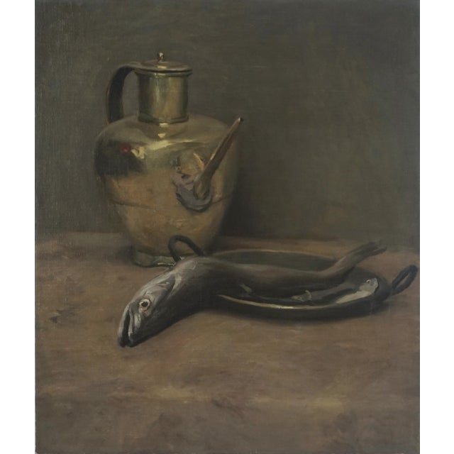 Early 20th Century Original Still Life Oil Painting Titled "Fish and Brass" in Style of William Merritt Chase Moody and...