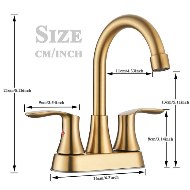 2020s Brushed Gold Bathroom Sink Faucet 3 Holes 4in Centerset Vanity Mixer With Drain For Sale - Image 5 of 11