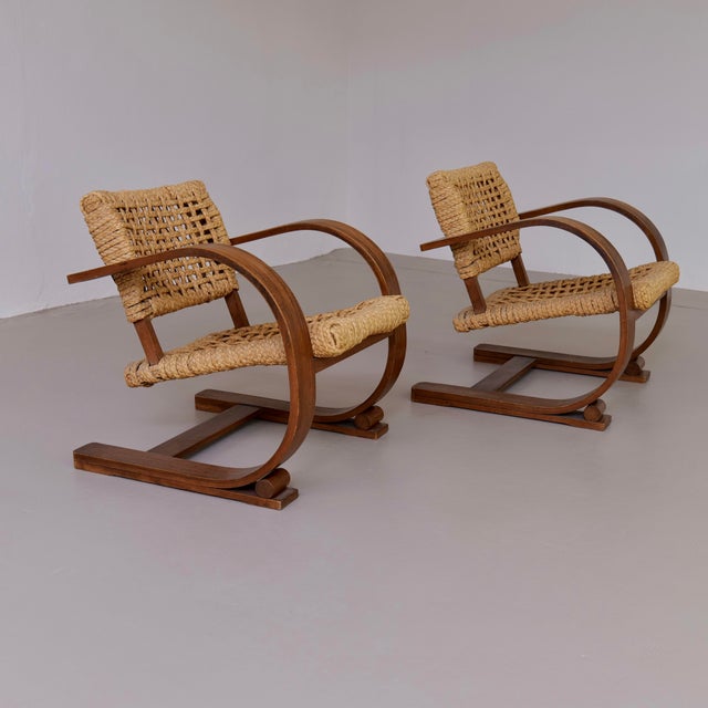 Wood Armchairs by Adrien Audoux and Frida Minnet for Vibo Vesoul, France, 1940s, Set of 2 For Sale - Image 7 of 8