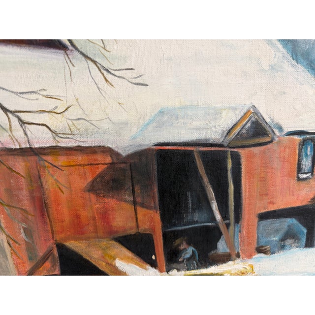 Large 1963 Signed Oil Painting Winter Landscape Red Barn Snow Scene Rustic Farm by L. Brade For Sale - Image 9 of 18