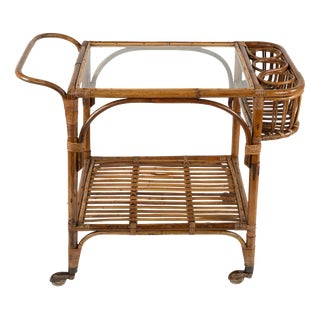 Mid-Century Bamboo, Rattan and Glass Serving Bar Cart in the style of Franco Albini, Italy, 1960s For Sale