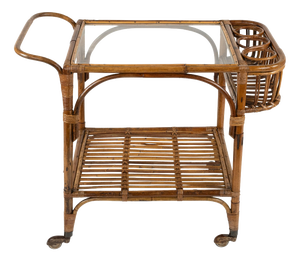 Mid-Century Bamboo, Rattan and Glass Serving Bar Cart in the style of Franco Albini, Italy, 1960s