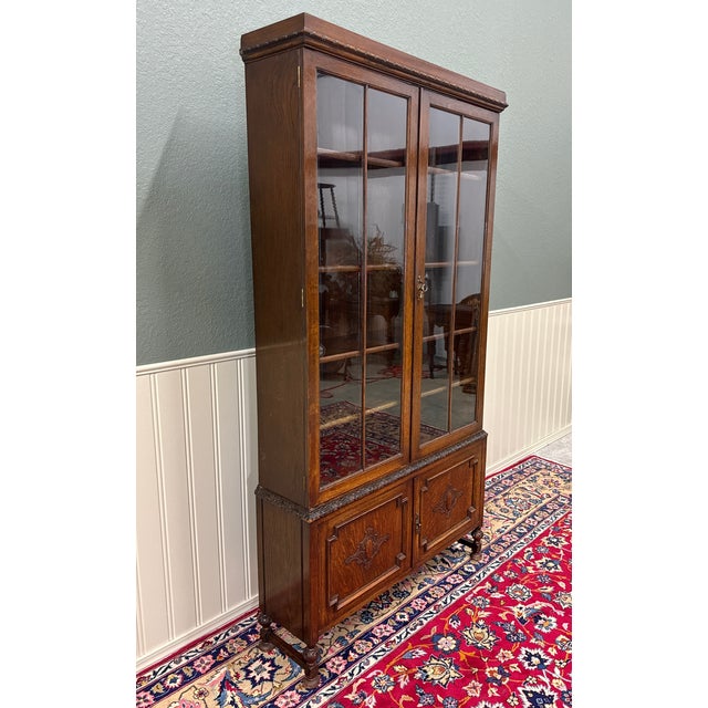 Antique English Jacobean Bookcase Bookshelf Cabinet Double Door Oak c.1930s For Sale - Image 9 of 17