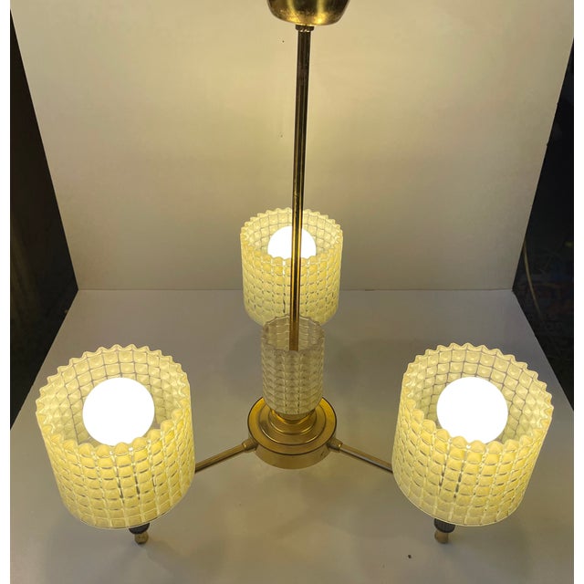 Scandinavian Modern Chandelier in Brass and Waffle Glass, 1960s For Sale - Image 6 of 10