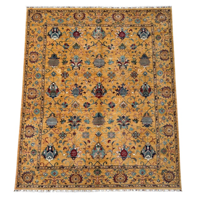 Saffron Sultanabad Design Area Rug, Hand-Knotted Wool, 8x10, Gold & Teal For Sale - Image 4 of 12