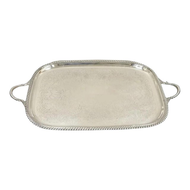 Vintage Victorian Epc Silver Plated Etched Twin Handle Serving Platter Bar Tray For Sale