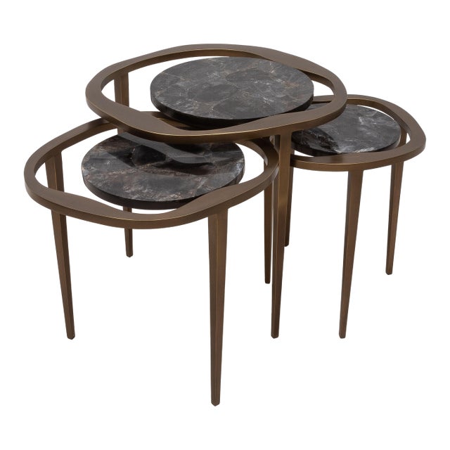 Set of 3 Nesting Tables in Black Quartz With Bronze Patina Brass by R&y Augousti For Sale