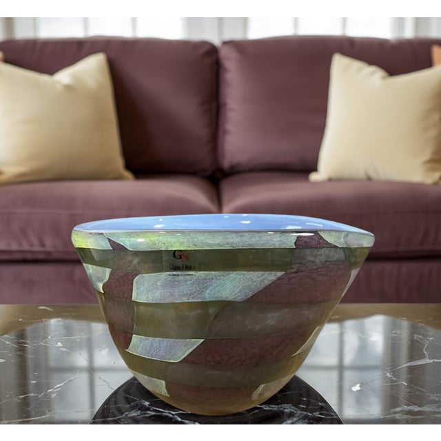 This signed substantial, hand blown Lithuanian Glass Nuvo studio centerpiece bowl showcases the skilled artistry of...