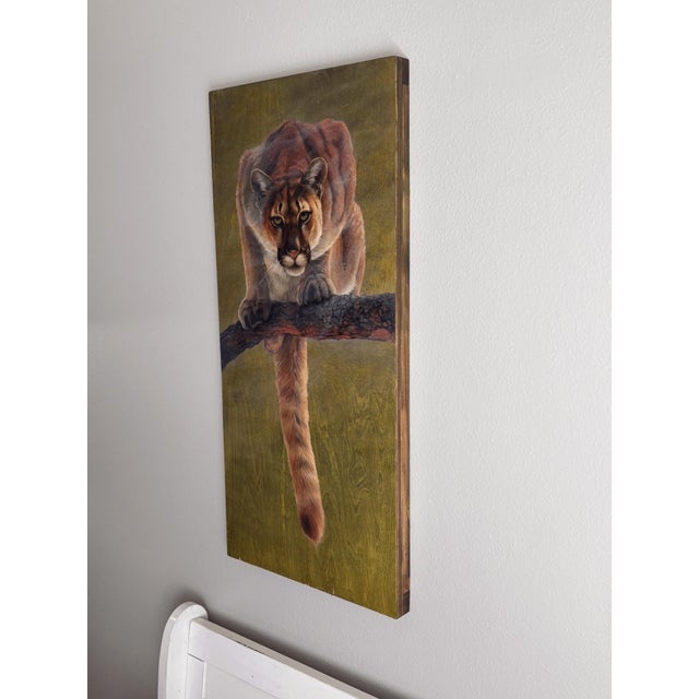 Realism Silent Hunter by Terra Novak | Oil on wood Painting of a mountain lion on a branch For Sale - Image 3 of 3