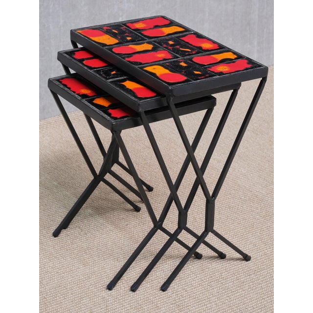 French Modern Nesting Tables with Red and Orange Ceramic Tile Tops, 1950s, Set of 3 For Sale - Image 10 of 15