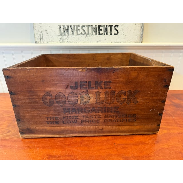 Antique Jelke "Good Luck" Margarine Advertising Wooden Crate – Primitive Country Store Box With Original Illinois Tax Labels For Sale - Image 12 of 14