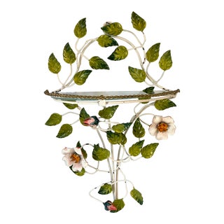 Vintage Italian Tole Shelf With Leaf and Flower Design and Glass Shelf For Sale