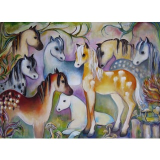 Mustangs by Zoa Ace | Oil on canvas Painting of colorful horses in a vibrant landscape For Sale