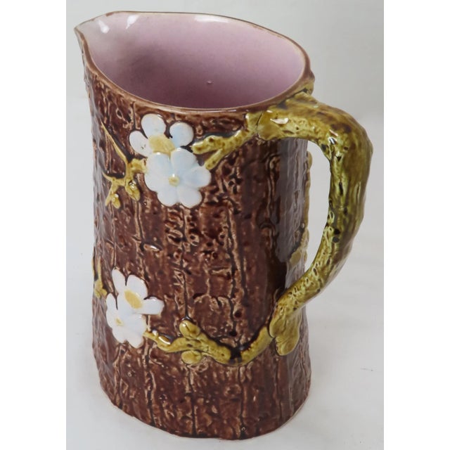 Large Size Antique American Victorian Majolica Dogwood Tree & Flower Pitcher For Sale - Image 4 of 13