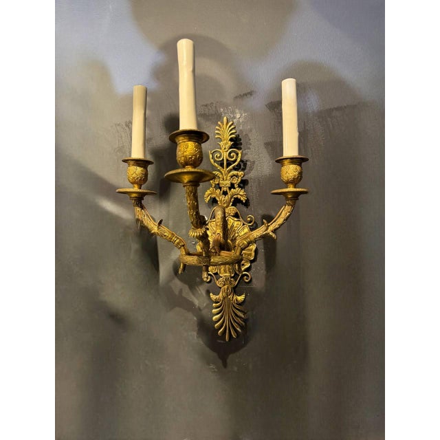 1920 Empire Bronze Swam Sconces 3 Lights - a Pair For Sale - Image 4 of 7