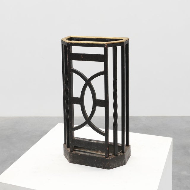 Art Deco Metal Umbrella Stand with Geometric Openwork and Brass Rim, Belgium, 1920s For Sale - Image 17 of 17