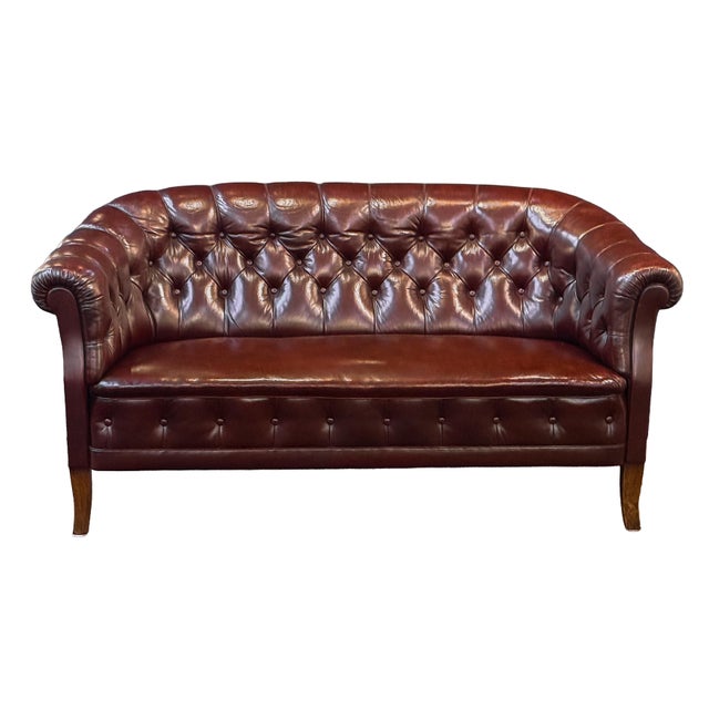 Mid-Century Modern Swedish Chesterfield Sofa or Settee of Tufted Patinated Oxblood Leather For Sale - Image 3 of 15