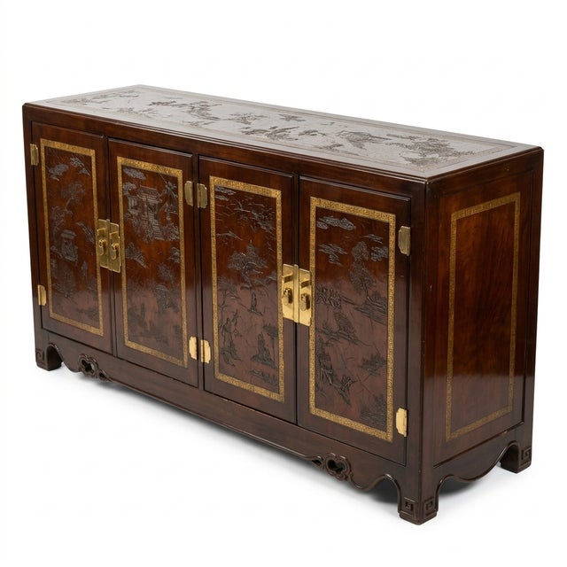1970s 1970s Drexel Heritage Et Cetera Chinoiserie Etched Walnut Burl Sideboard For Sale - Image 5 of 15