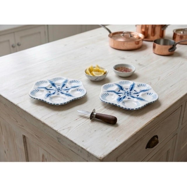 Sky Blue Pair Mid-Century Inspired Italian Ceramic Oyster Plates by Les-Ottomans For Sale - Image 8 of 12
