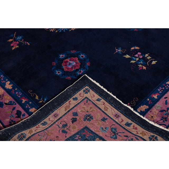 Antique Art Deco Dark Indigo Chinese Wool Rug 9 Ft X 11 Ft 10 In. For Sale - Image 11 of 13