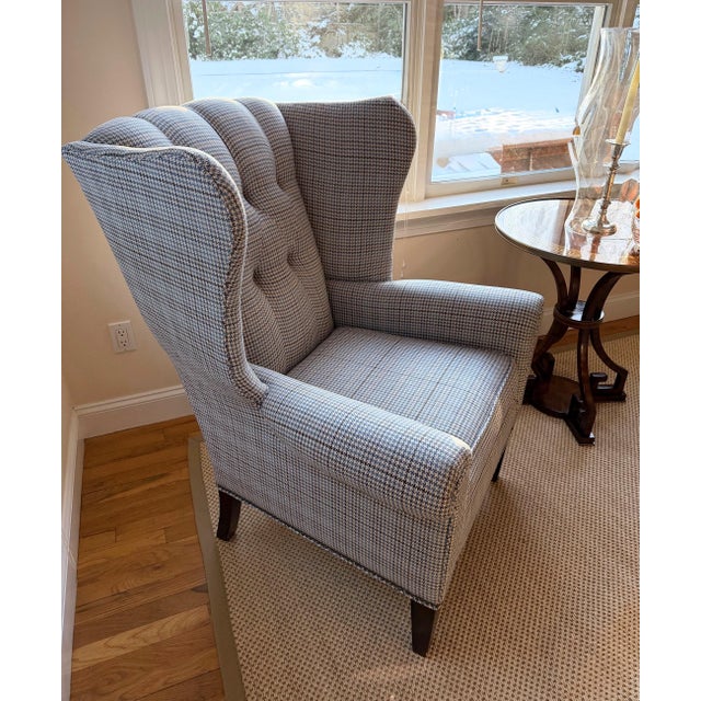 A Pair, Blue Wingback Chairs by Restoration Hardware and Mitchell Gold and Bob Williams For Sale - Image 15 of 18