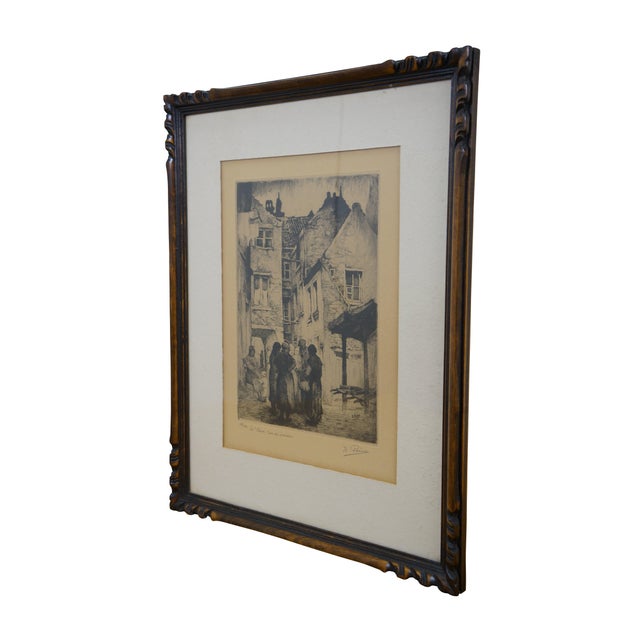 Mid to early 20th century black and white etching titled "La Cour, Rue du Faucon" (The Court, Falcon Street) by Kurt...