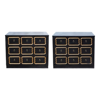 Mid 20th Century Hollywood Regency Dorothy Draper Style Black & Gold 3 Drawer Dressers Chests - a Pair For Sale