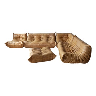 Togo Living Room Set in Camel Brown Leather by Michel Ducaroy for Ligne Roset, 1979, Set of 5 For Sale