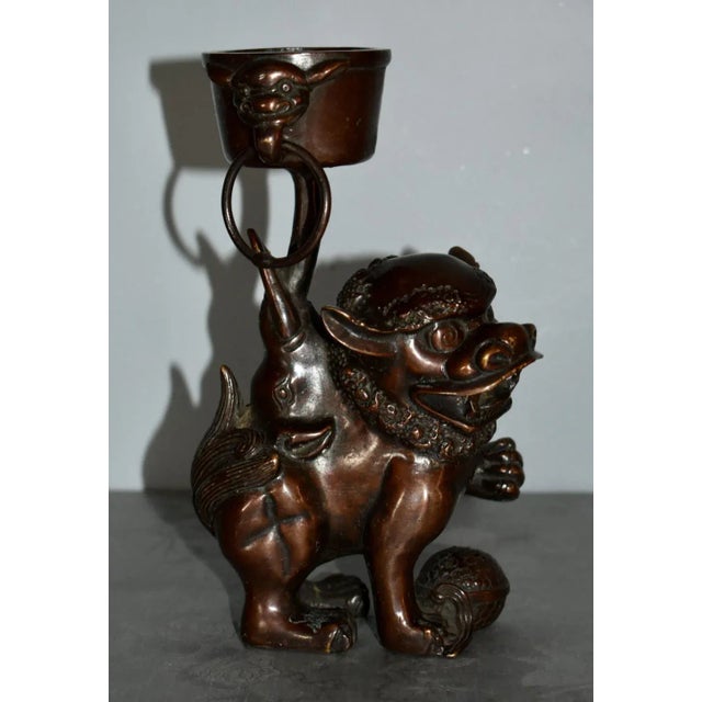 Vintage Chinese Bronze Foo Dog Candle Holder For Sale - Image 4 of 13