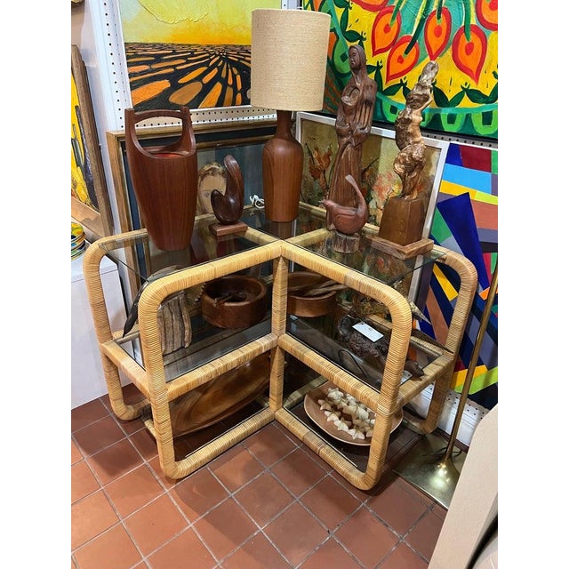 1970's Bielecky Brothers Wrapped Rattan and Glass Waterfall Corner Etagere For Sale - Image 12 of 14