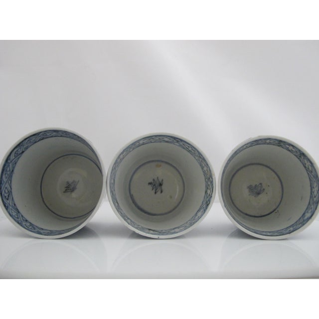 Set of 3 antique, late Edo era, Japanese blue and white porcelain Soba Choko cups hand painted in traditional Sometsuke...