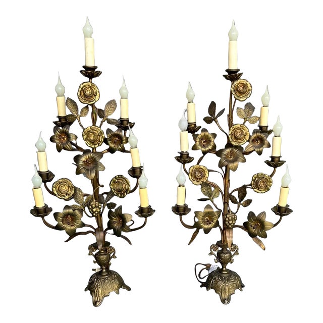 Antique 19th Century Brass Floral Pair of Wired 7 Light Church Candelabras Featuring a Reliquary Cross For Sale