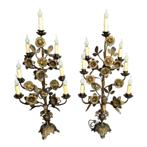 Antique 19th Century Brass Floral Pair of Wired 7 Light Church Candelabras Featuring a Reliquary Cross