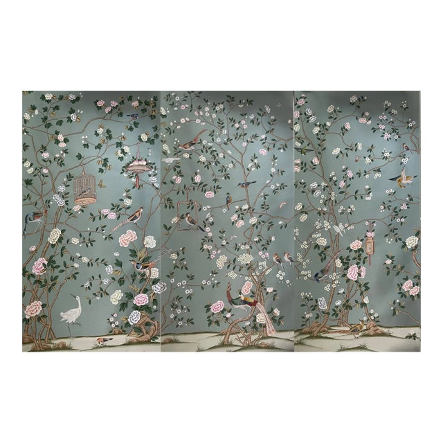 Floral Chinoiserie Mural Hand Painted Wallpaper on Gray Green Slub Silk Panel - 3 Panels For Sale